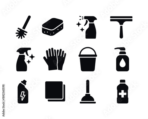 Bathroom Cleaning Icons. Bathroom cleaning. Solid icon set of ba
