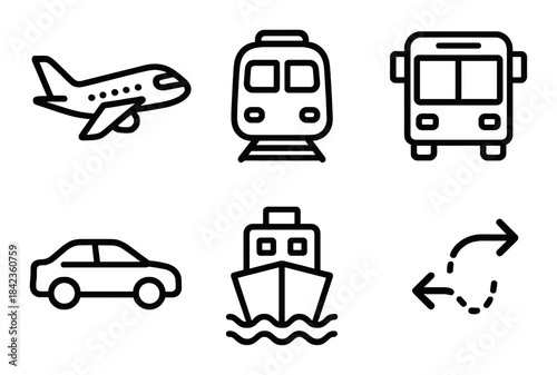 Transportation icons: plane, train, bus, car, ship, route symbols on black background