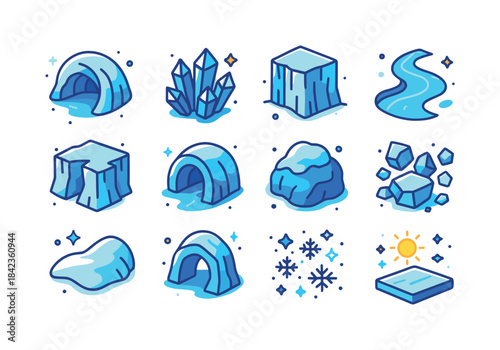 Glacial Icon Set. Glacial wonders. Colorful isometric vector ico