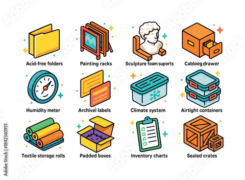 Colorful Archival Icons. Archival Storage. Colorful isometric ve