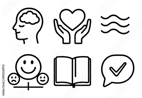 Mental health symbols: brain, heart, emotions, balance, book, approval