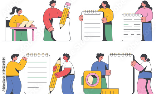 People Writing and Taking Notes Flat Vector Set: Education and Content Creation Concept