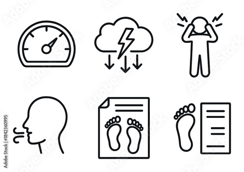 Minimalist icon set: speed, weather, stress, breathing, document, footprint