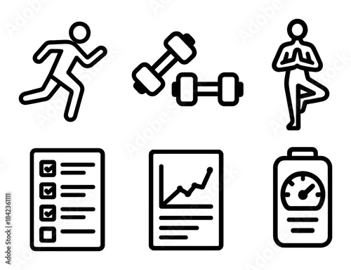 Fitness icons: running, dumbbells, yoga, checklist, graph, stopwatch