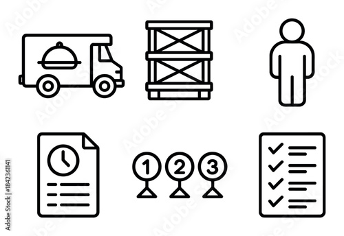 Logistics and delivery icons: truck, crate, person, document, medals, checklist