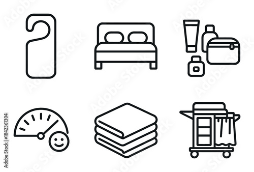 Hotel service icons set: do not disturb, bed, toiletries, satisfaction meter, towels, housekeeping cart