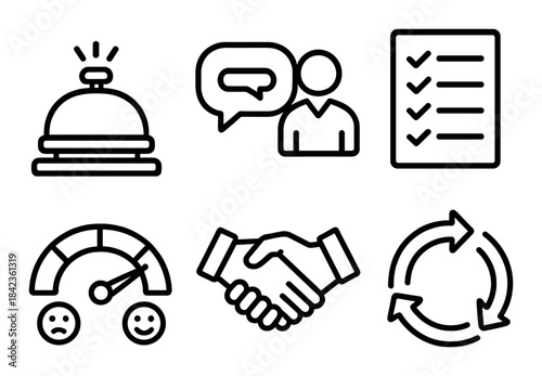 Business communication icons: checklists, feedback, networking, performance, repeating tasks