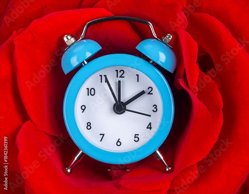 Close-up of a vibrant blue alarm clock nestled within the deep red petals of a rose