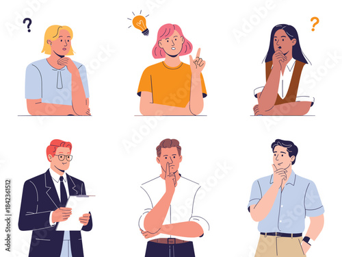 People Thinking and Problem Solving Vector Set: Diverse Characters with Idea Lightbulb and Question Marks