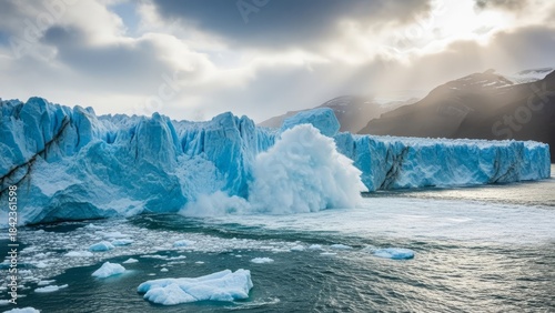 Massive Glacier Breaking, Sea, Wide Angle