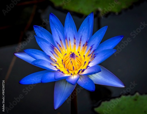 Close-up of a vibrant blue lotus blossom with yellow center on dark water
