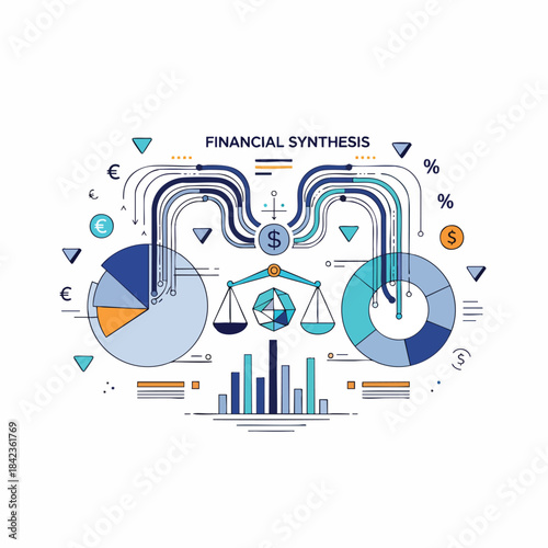 Conceptual illustration of financial synthesis with charts, graphs, and currency symbols representing economic analysis and growth.