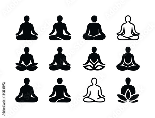 Meditation Icon Set. people meditating or practicing yoga for we