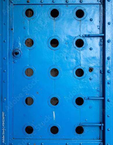 Close-up of a vibrant blue metal door with numerous circular openings and rivets