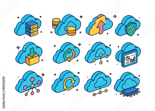 Colorful Cloud Icons. Cloud computing concept. Colorful isometri
