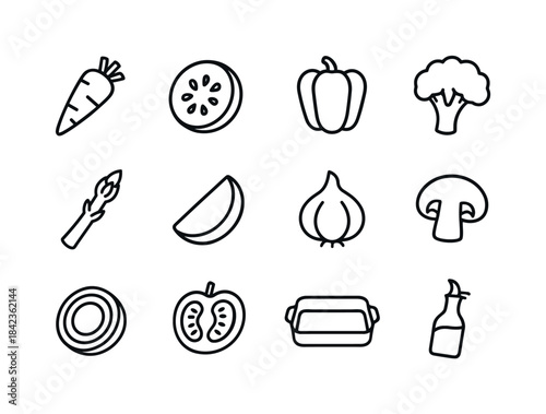 Steak and Veggie Icons. A close-up of a perfectly cooked steak w
