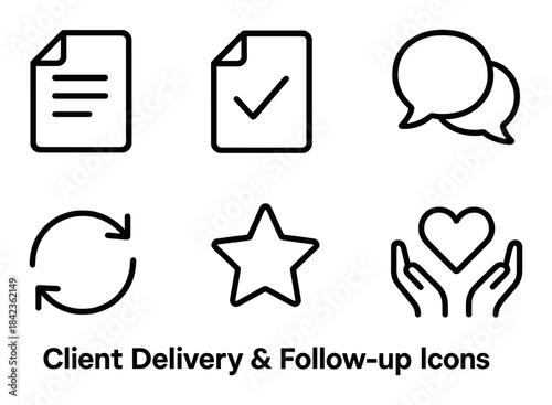 Client delivery and follow-up icons: checklist, communication, feedback, support, synchronization, rating