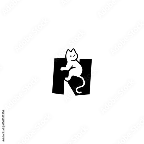 Cute relaxed cat resting over a stylized alphabet shape. Perfect for pet brands, cat stores, animal shelters, and playful modern identity.
