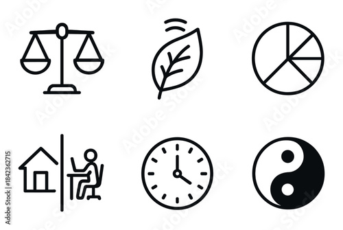 Minimalist icons: balance, nature, analytics, remote work, time, harmony