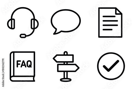 Support and communication icons: headset, speech bubble, checklist, faq, directions, checkmark
