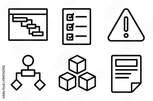 Minimalist black icons set: gantt chart, checklist, warning sign, flowchart, cubes, document