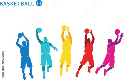 Colorful Basketball Players Silhouette Vector Set: Dynamic Jump Shot and Dunking Icons