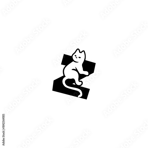 Cute relaxed cat resting over a stylized alphabet shape. Perfect for pet brands, cat stores, animal shelters, and playful modern identity.