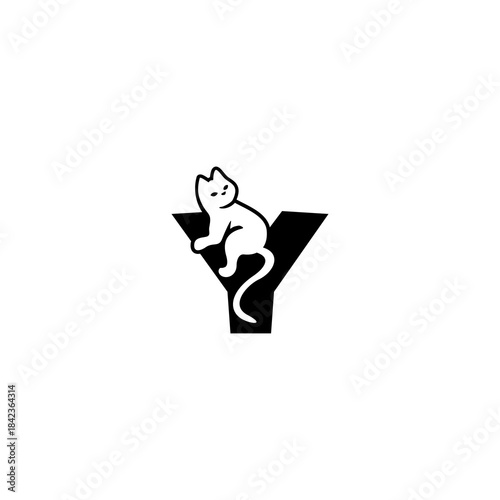 Cute relaxed cat resting over a stylized alphabet shape. Perfect for pet brands, cat stores, animal shelters, and playful modern identity.