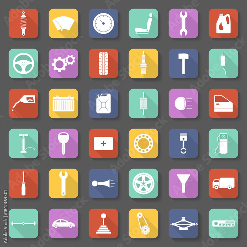Automotive Car Parts Icons in Flat Style