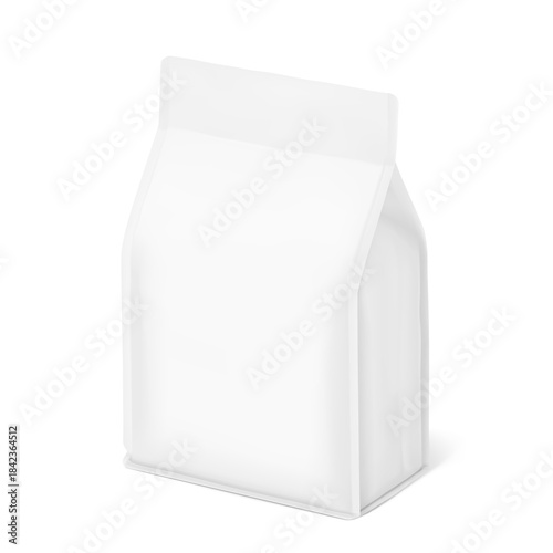 Vertical flat bottom gusset bag mockup for food, sport nutrition. Half side view. Vector illustration isolated on white background. Can be use for template your design. EPS10.
