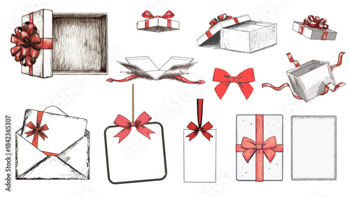 Set of vector illustration of different Christmas packages and gift boxes. Bows and greeting cards. Christmas, New Year's concept.