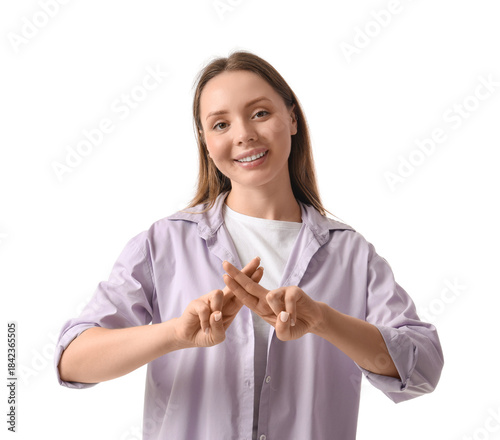 Young woman using sign lang...