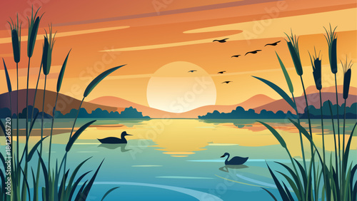 Sunset over tranquil lake