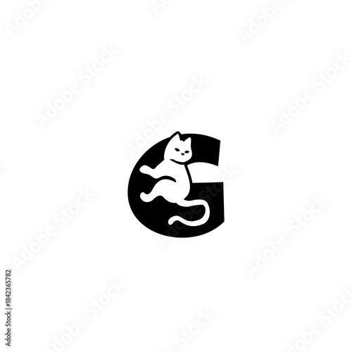 Cute relaxed cat resting over a stylized alphabet shape. Perfect for pet brands, cat stores, animal shelters, and playful modern identity.