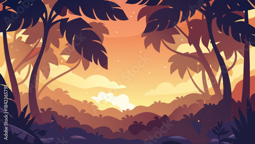 Tropical sunset in lush forest