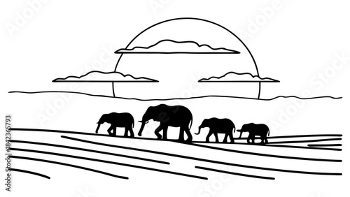 Elephants crossing a plain at sunset