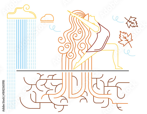 Minimal line art yoga woman with flowing hair and autumn leaves