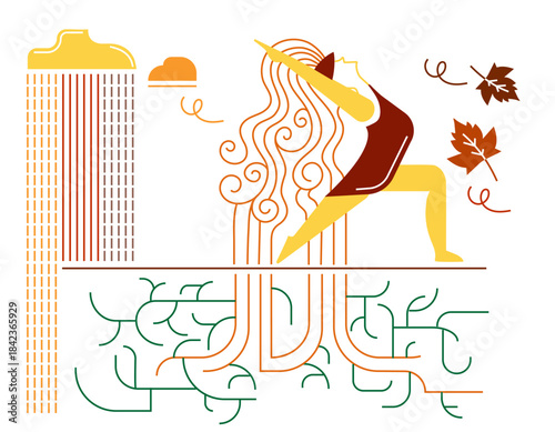 Minimal line art yoga woman with flowing hair and autumn leaves