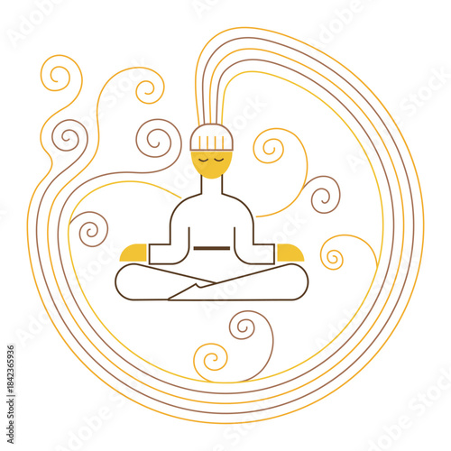 Abstract yoga meditation figure in lotus pose with swirls