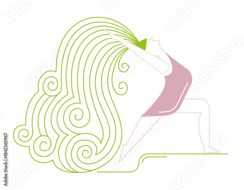 Abstract yoga woman with long flowing hair in warrior pose