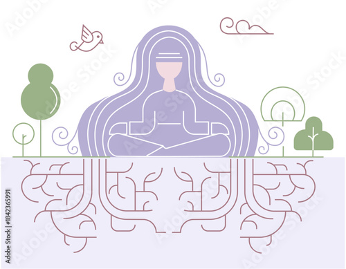 Minimal meditation woman with roots and trees in pastel colors