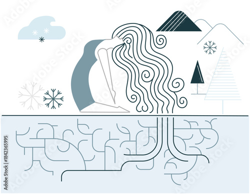 Abstract meditation figure with snowflakes, trees and mountains