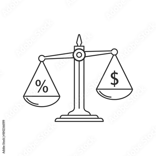 Illustration of a black line drawing of a balance scale with a percent sign on one side and a dollar sign on the other, weighing the importance of percentage versus money