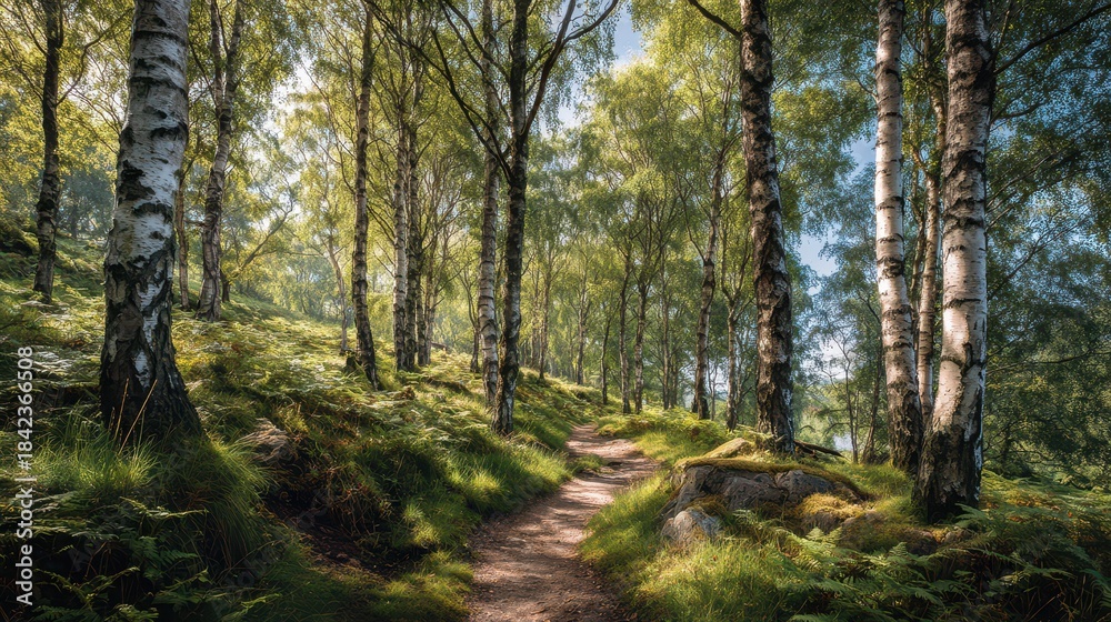 Obraz premium Golden light filtering through birch trees in a peaceful woodland