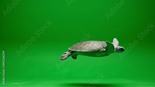 Green Sea Turtle Swimming Gracefully in a Vibrant Green Screen Studio.