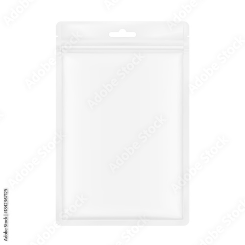 Sachet mockup with zip lock and tear notch. Hyper realistic. Vector illustration isolated on white background. Flat lay view. Packaging for cosmetic, food, pet. Ready for your design. EPS10.