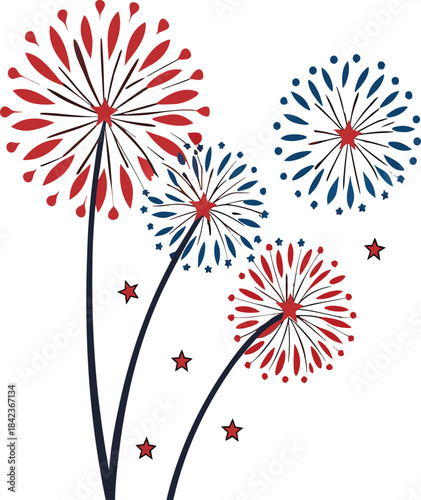 Red and blue fireworks exploding in the sky with stars and trails explosion vector illustration EPS file download.

