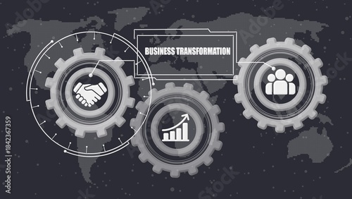 Three gray gears with on map background and business transformation text