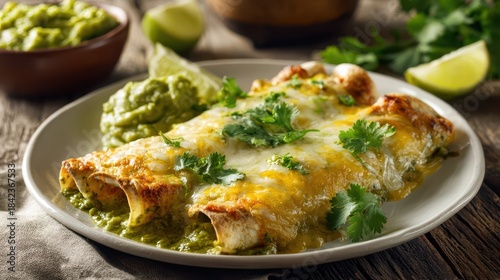 Wallpaper Mural Green enchiladas on a rustic plate with bright guacamole, lime wedges, and cilantro Torontodigital.ca