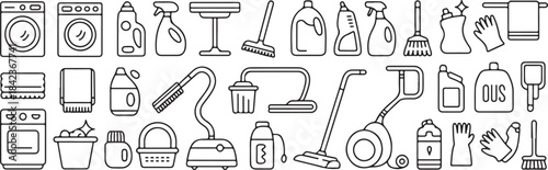 Cleaning line icons. Home cleaning. Clean up the house. Washing floors, windows, dishes, clothes and linen. Sweeping the floor and wiping dust. Outline icon collection.